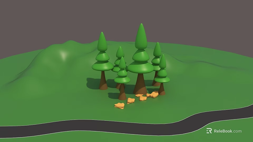 3D Cartoon Forest Scene With Green Trees Grassland Path And Yellow Stones 3d model 