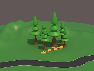 3D Cartoon Forest Scene With Green Trees Grassland Path And Yellow Stones 3d model
