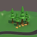 3D Cartoon Forest Scene With Green Trees Grassland Path And Yellow Stones