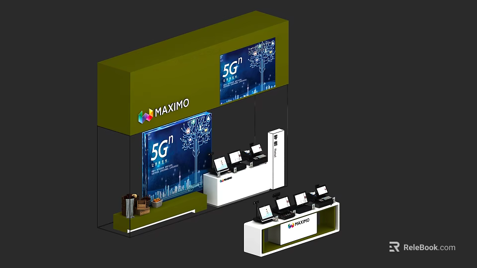 Display Shelves for MAXIMO 5G Exhibition with Digital Screens and Products 3d model 