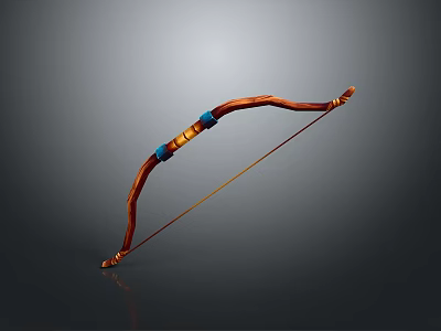 Traditional Handcrafted Wooden Hunting Bow With Blue Decorative Accents And Taut String 3d model