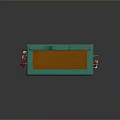 Turquoise Kitchen Cart With Shelves Holding Clay Pots Cups And Hanging Garlic