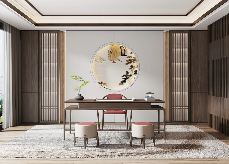 Chinese Style Study Room Interior With Round Landscape Painting Wooden Partitions Writing Desk And Chair 3d model 