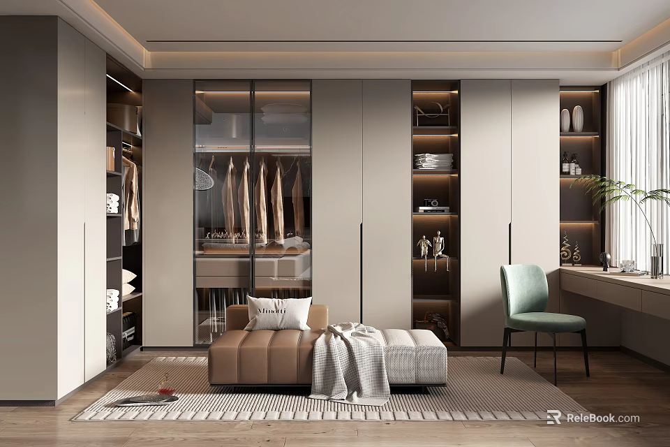 Modern Luxury Walk in Closet Interior Design With Glass Door Cabinets Hanging Clothes And Bench 3d model 