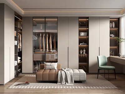 Modern Luxury Walk in Closet Interior Design With Glass Door Cabinets Hanging Clothes And Bench 3d model