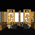 Modern Luxury Bar with Mirrored Ceiling Geometric Cutout Walls Sofa Seating and Night View Windows