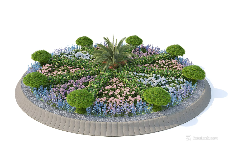 Roadside Circular Flower Bed With Central Palm Tree And Surrounding Colorful Flowers Shrubs 3d model 