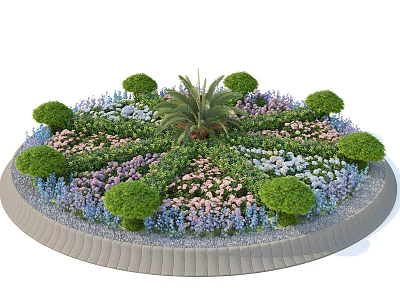 Roadside Circular Flower Bed With Central Palm Tree And Surrounding Colorful Flowers Shrubs 3d model