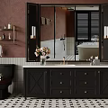 Modern Bathroom Interior Featuring Black Vanity Mirror Toilet Pink Wall and Checkered Floor