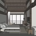 Hotel Room Interior Design Featuring Wooden Ceiling King Bed Sofa And Floor to Ceiling Windows