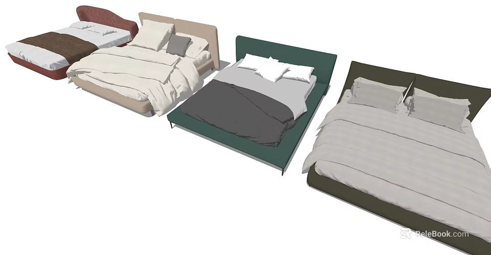 Various Double Bed Designs With Different Colored Headboards And Bedding Sets 3d model