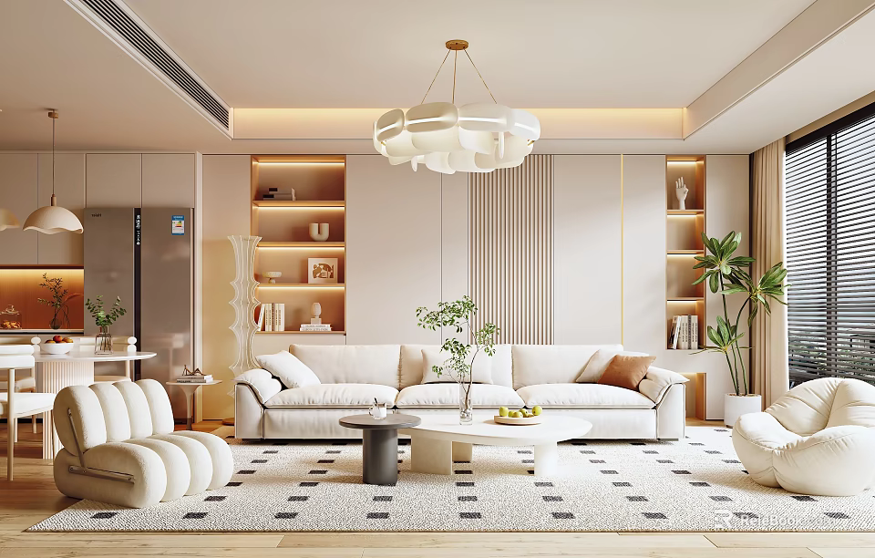 Modern Living Room Interior With Chandelier Sofa Coffee Table And Plants 3d model 