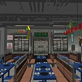 Modern Restaurant Interior With Blue Tables Chairs Neon Signs Metal Railings And Long Strip Lights
