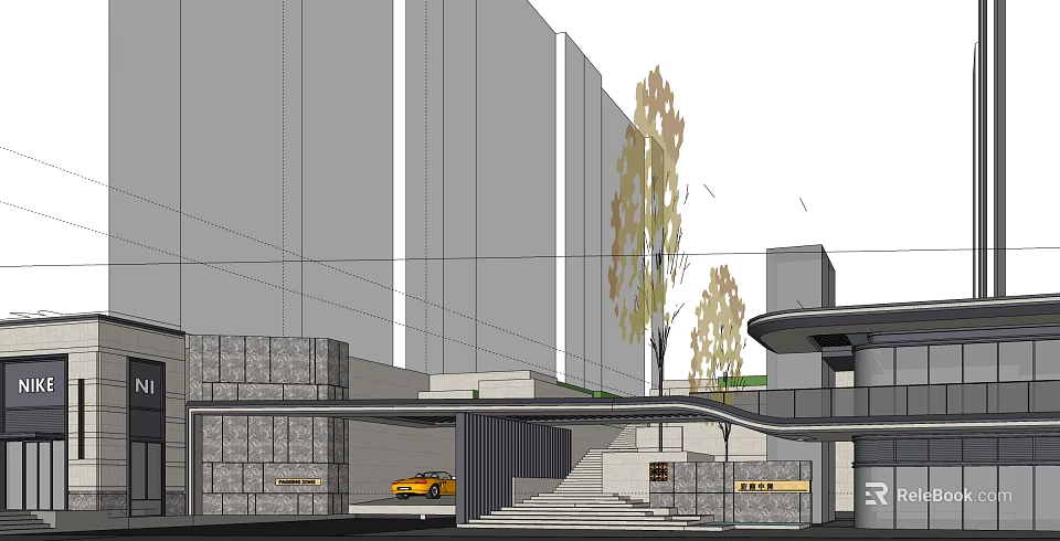 Modern Building Entrance Gate With Gray Stone Walls Steps Trees And Yellow Car Nearby 3d model 