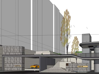 Modern Building Entrance Gate With Gray Stone Walls Steps Trees And Yellow Car Nearby 3d model