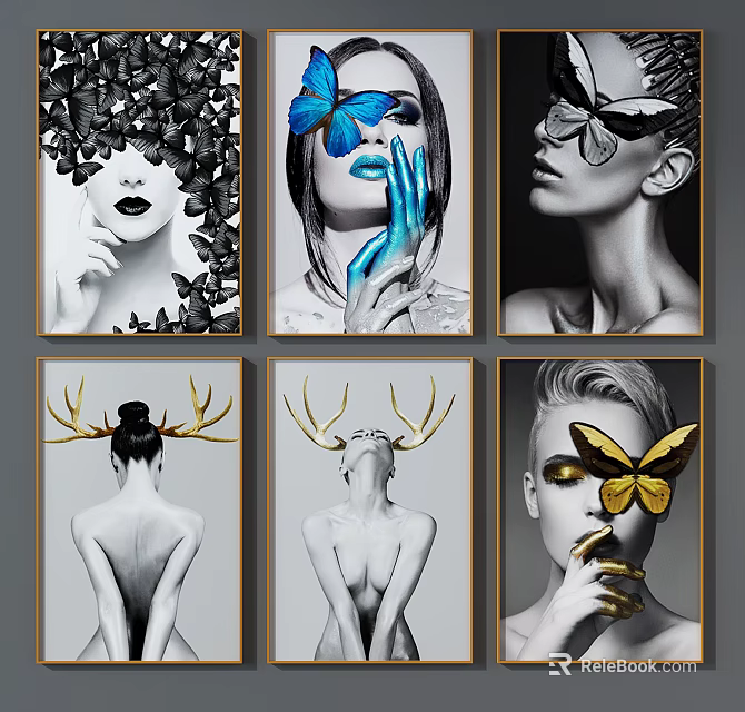Artistic Female Portrait Paintings With Butterfly Decor And Golden Antlers 3d model 