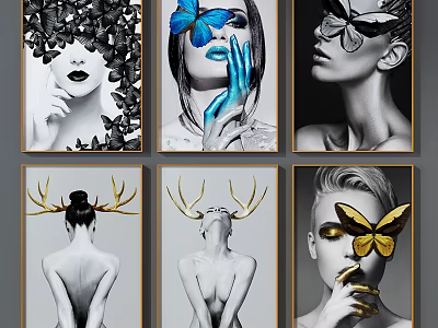 Artistic Female Portrait Paintings With Butterfly Decor And Golden Antlers 3d model