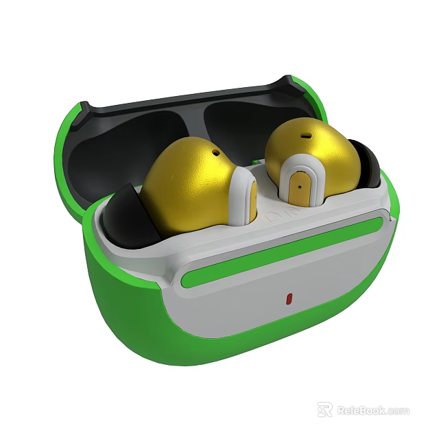 Open Green And White Charging Case Holding Gold Wireless Earbuds 3d model