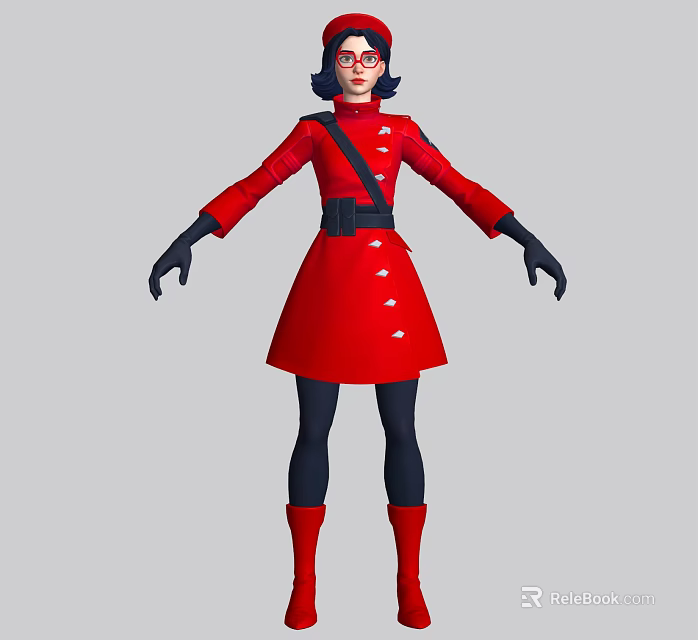 Game Movie Character In Red Coat With Black Gloves Boots Dark Short Hair And Glasses 3d model 
