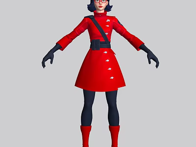 Game Movie Character In Red Coat With Black Gloves Boots Dark Short Hair And Glasses 3d model