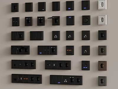 Various Modern Electrical Switches And Sockets In Different Designs On Wall 3d model