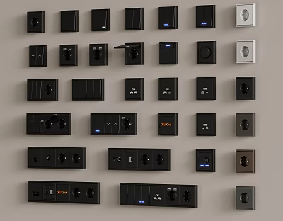 Various Modern Electrical Switches And Sockets In Different Designs On Wall 3d model