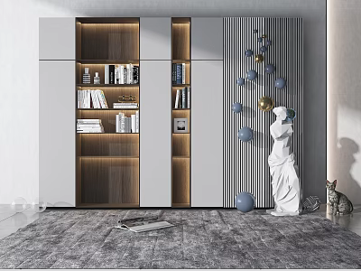 Modern Wooden Bookcase Design With Open Shelves Glass Doors And Decorative Accents 3d model