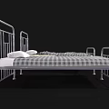 Two Single Beds With Metal Frames Plaid Bedspread And White Pillows 3d model