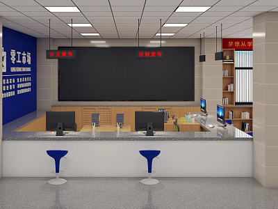 Service Hall With Blue Background Wall Black Screen Service Counter Computers Blue Stools And Bookshelves 3d model