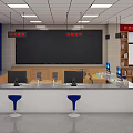 Service Hall With Blue Background Wall Black Screen Service Counter Computers Blue Stools And Bookshelves