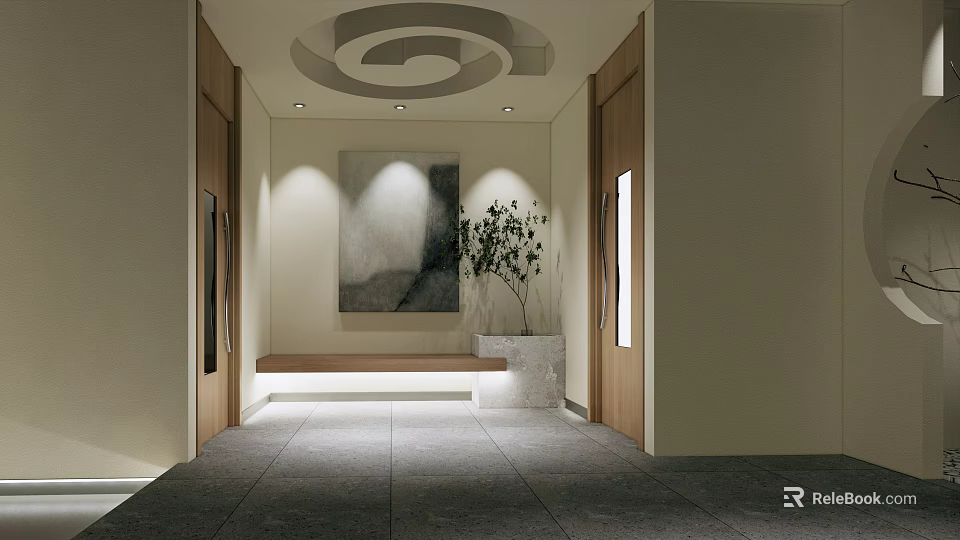 Clubhouse Entrance Area With Modern Design Circular Ceiling Lighting Decorative Painting Plant And Wooden Bench 3d model 