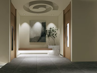 Clubhouse Entrance Area With Modern Design Circular Ceiling Lighting Decorative Painting Plant And Wooden Bench 3d model
