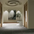 Clubhouse Entrance Area With Modern Design Circular Ceiling Lighting Decorative Painting Plant And Wooden Bench