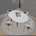 Modern Oval Dining Table Set With Marble Top Four Light Colored Chairs And Rug 3d model