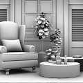 Beige Floral Armchair With Blue Cushion Green Plants Copper Table And Wooden Wall Artworks