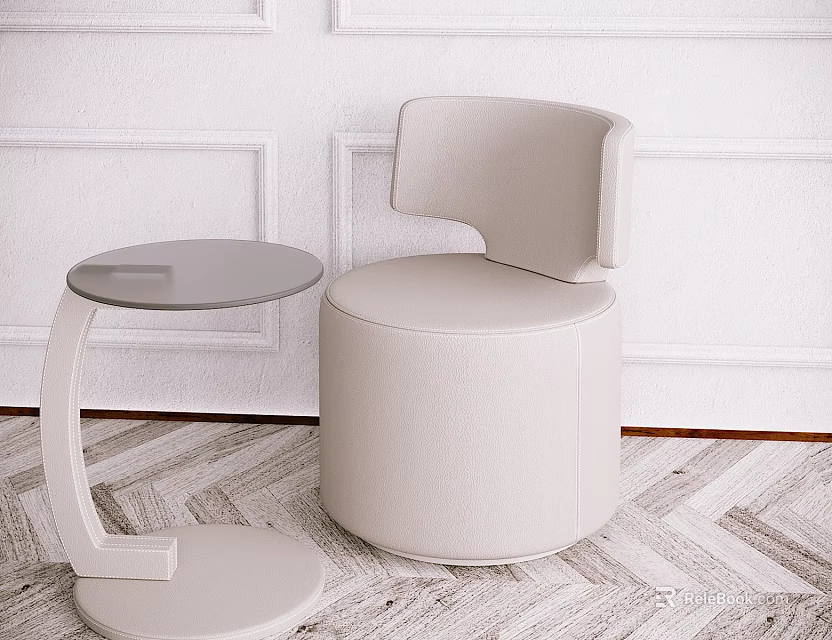 Beige Upholstered Leisure Chair With Round Glass Side Table In White Paneled Interior 3d model 