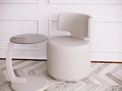 Beige Upholstered Leisure Chair With Round Glass Side Table In White Paneled Interior 3d model