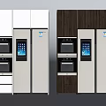 Modern Refrigerators With Digital Display And Light Dark Cabinetry In Kitchen