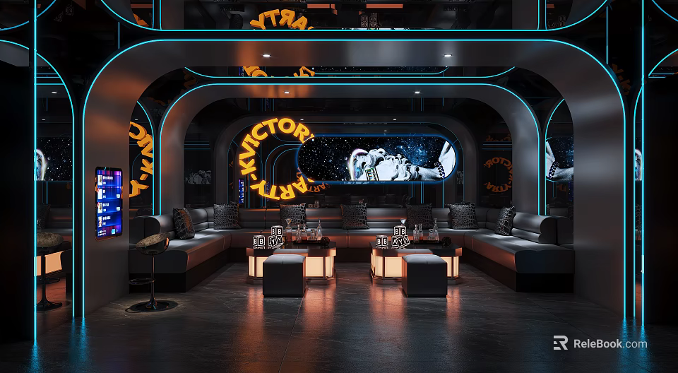 Stylish KTV Interior With Neon Lights And Sofas 3d model 