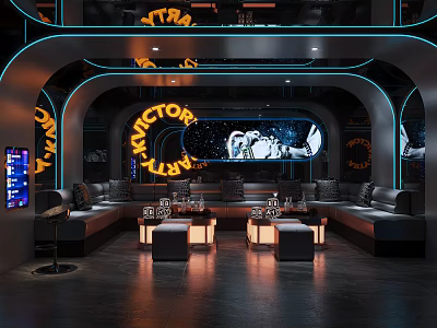 Stylish KTV Interior With Neon Lights And Sofas 3d model