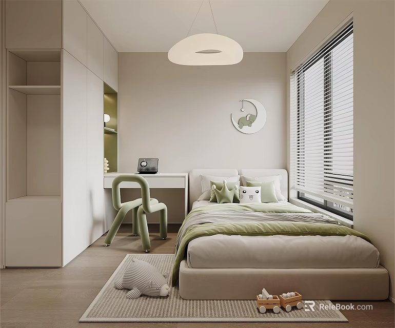 Modern Kids Room Interior with Beige Bed Green Pillows Study Desk and Window Blinds 3d model 