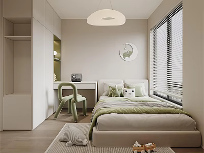 Modern Kids Room Interior with Beige Bed Green Pillows Study Desk and Window Blinds 3d model
