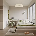 Modern Kids Room Interior with Beige Bed Green Pillows Study Desk and Window Blinds