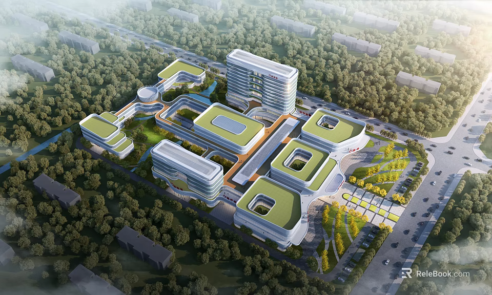 Modern Hospital Building With Green Roof Multiple Structures Surrounded By Trees 3d model 