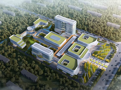 Modern Hospital Building With Green Roof Multiple Structures Surrounded By Trees 3d model