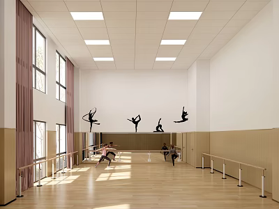 Bright Dance Fitness Studio With Wall Silhouettes Barres Wooden Floor And People Practicing 3d model