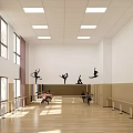 Bright Dance Fitness Studio With Wall Silhouettes Barres Wooden Floor And People Practicing