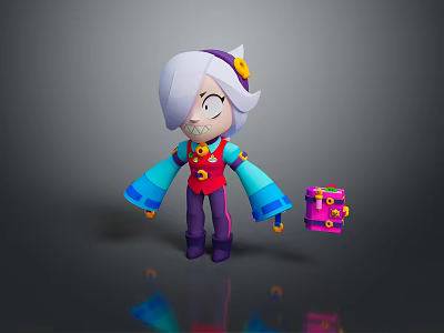Playful Cartoon Character With White Purple Hair Red Vest Blue Sleeves Holding Pink Box 3d model