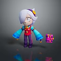 Playful Cartoon Character With White Purple Hair Red Vest Blue Sleeves Holding Pink Box