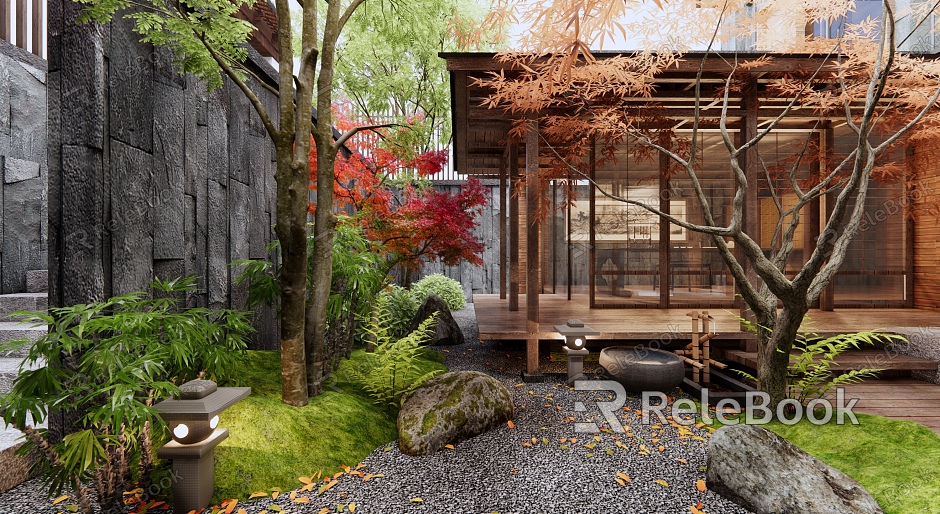 Japanese-style tea room withered landscape courtyard landscape plant pile landscape stone shrub water bowl red maple landscape tree model